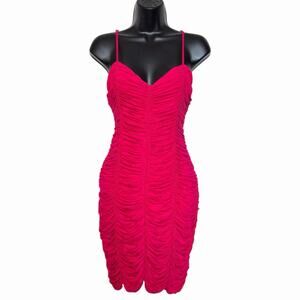 BEBE HOT PINK BODYCON DRESS STRETCH KNIT RUCHED SHIRRED SEXY GLAM CLUB WEAR XL